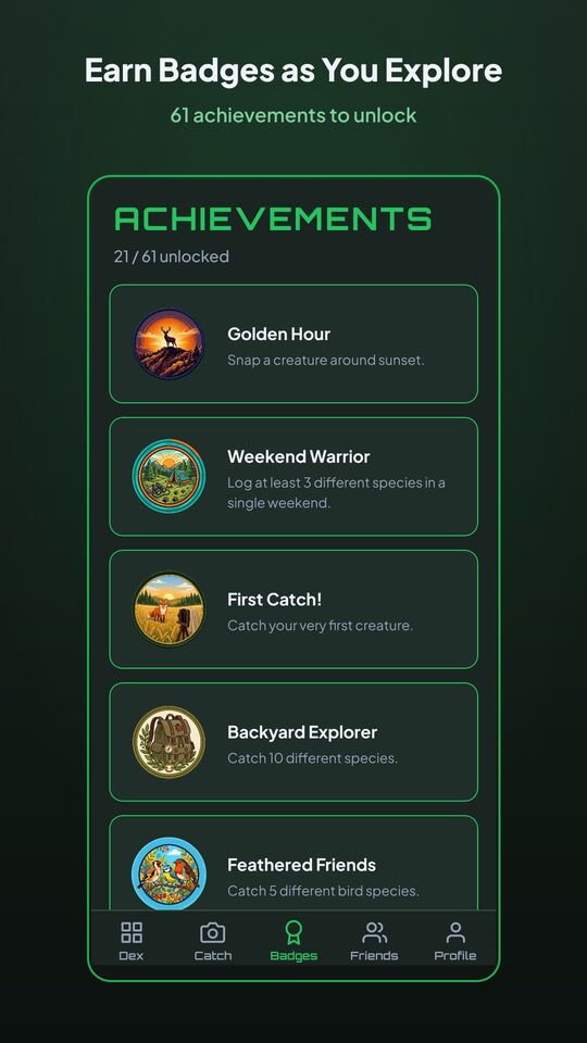 Achievements screen showing unlockable badges