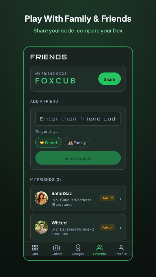Friends screen with friend codes for playing with family and friends