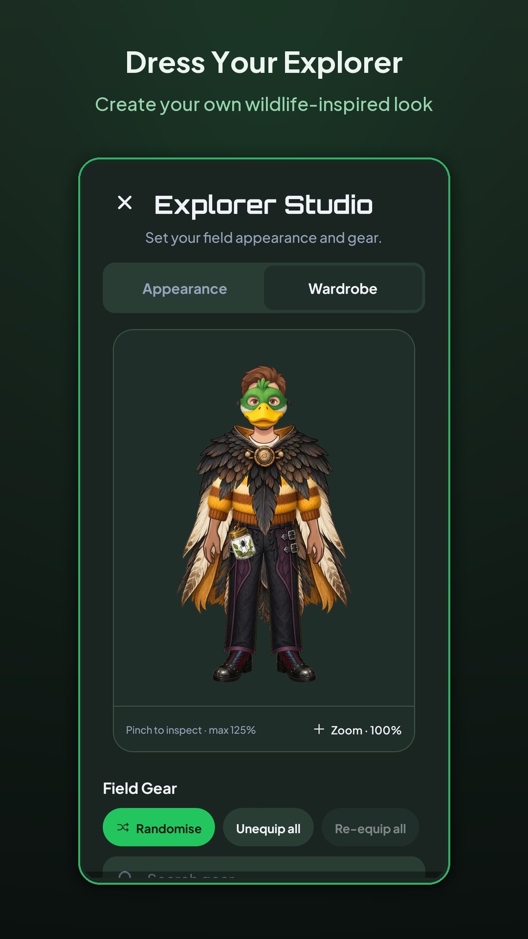 Explorer Studio showing an explorer wearing wildlife-inspired clothing and accessories