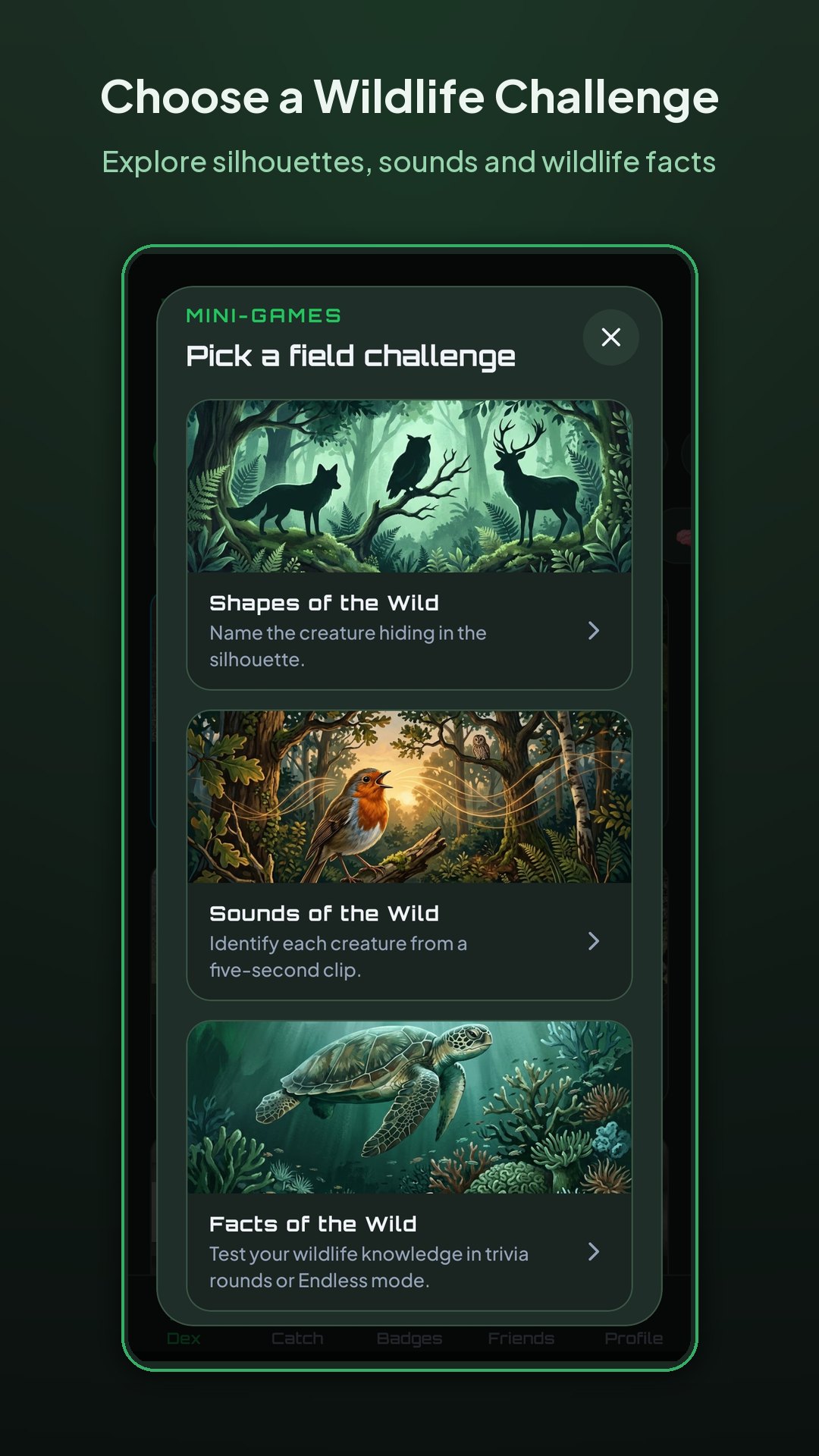 Wildlife mini-games menu with silhouette, animal sound and trivia challenges