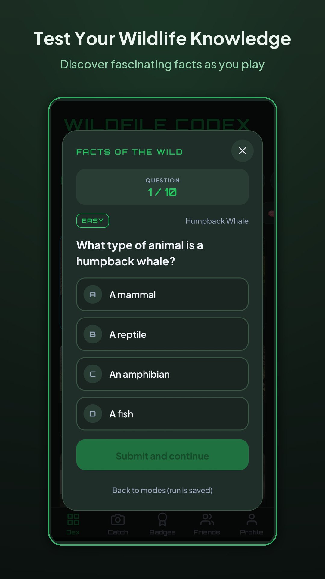 Facts of the Wild mini-game asking a wildlife trivia question about a humpback whale